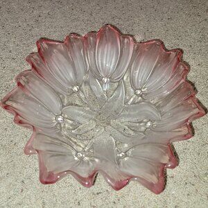Vintage Mikasa Walther Glass Pink Frosted Tulip Easter Bowl 12-inch Diameter